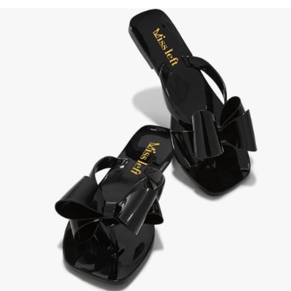 miss left Black Open Toe Flip Flops Double Bowknots Slip On Thong Sandal